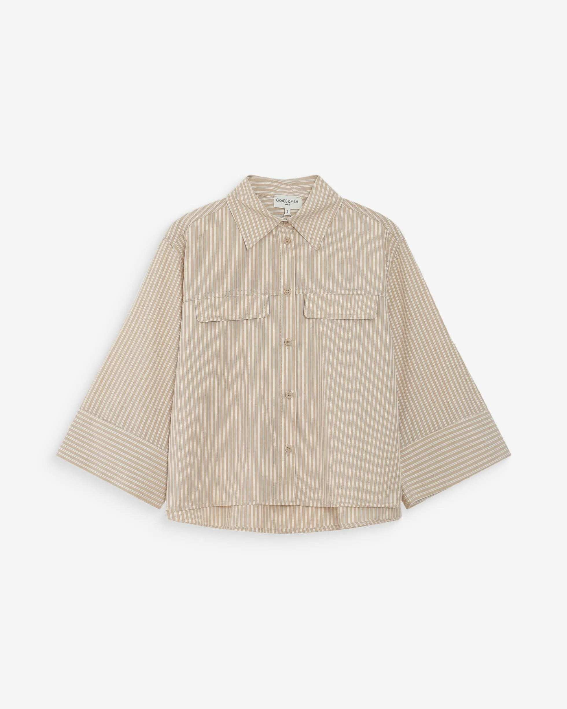Chemise courte à rayures manches 3/4 sable Voice