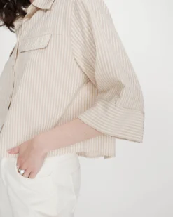 Chemise courte à rayures manches 3/4 sable Voice