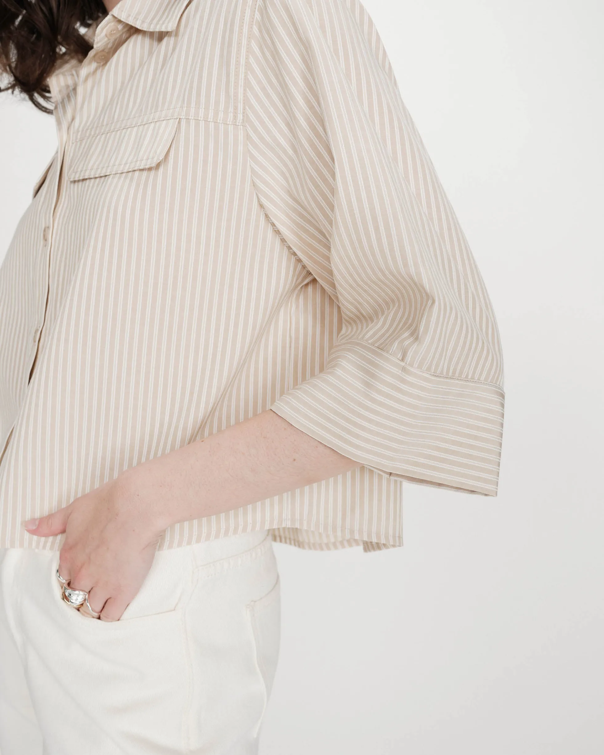 Chemise courte à rayures manches 3/4 sable Voice