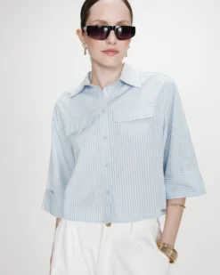 Chemise courte à rayures manches 3/4 ciel Voice