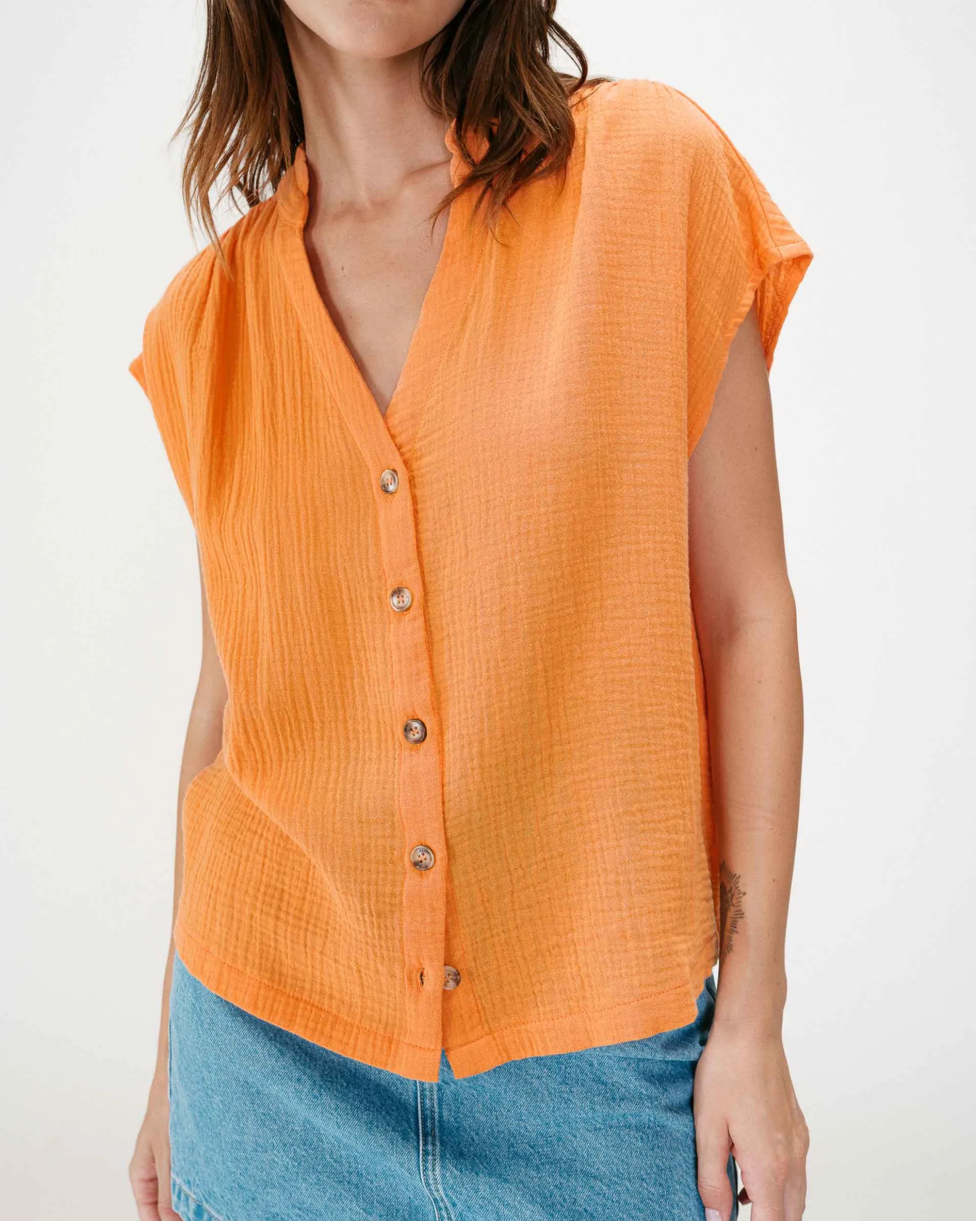 Chemise en gaze de coton manches courtes orange Wesra