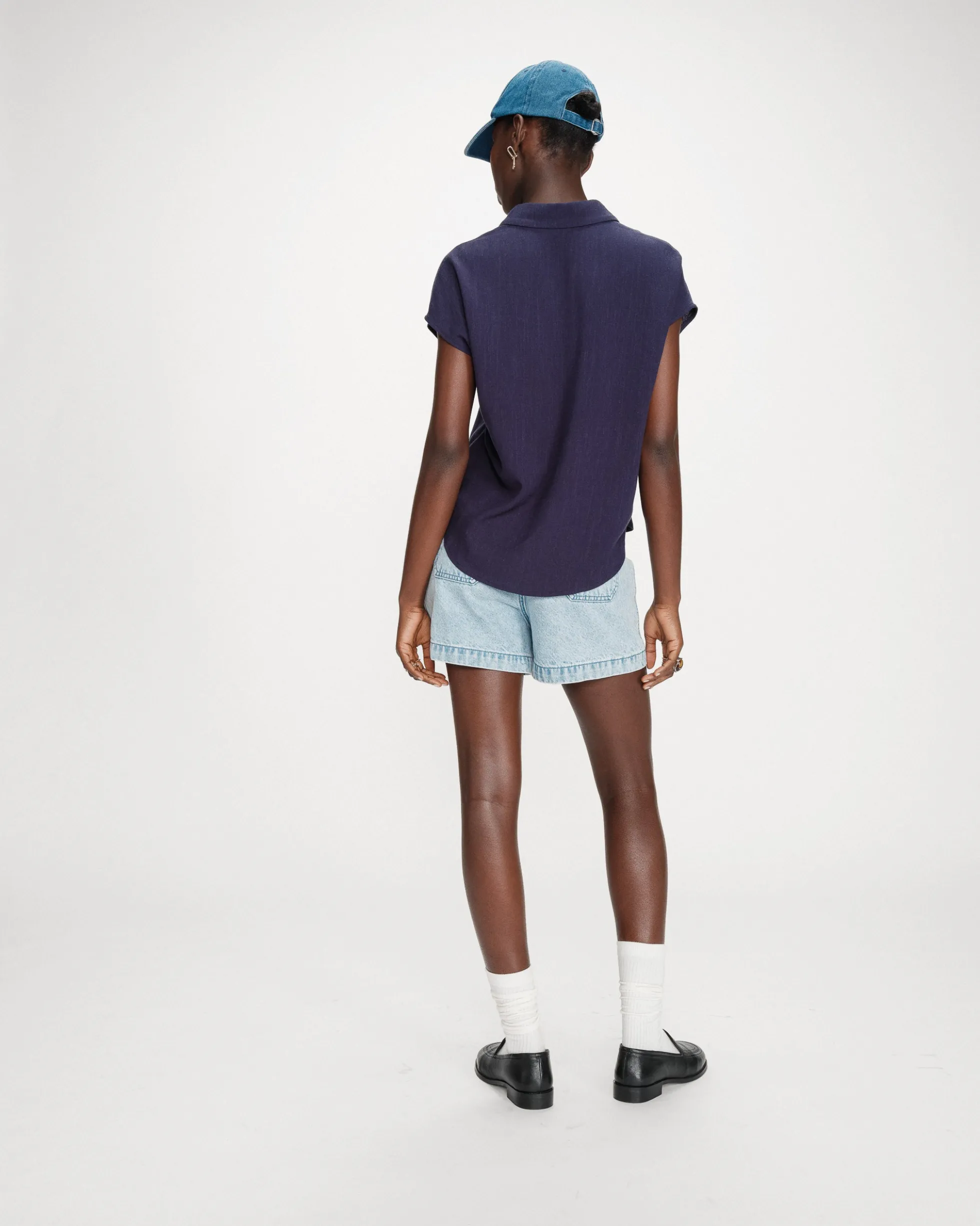 Chemise en lin fluide manches courtes marine Perez