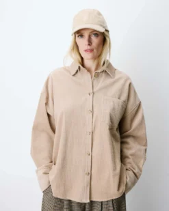 Chemise oversize en velours côtelé beige Ange