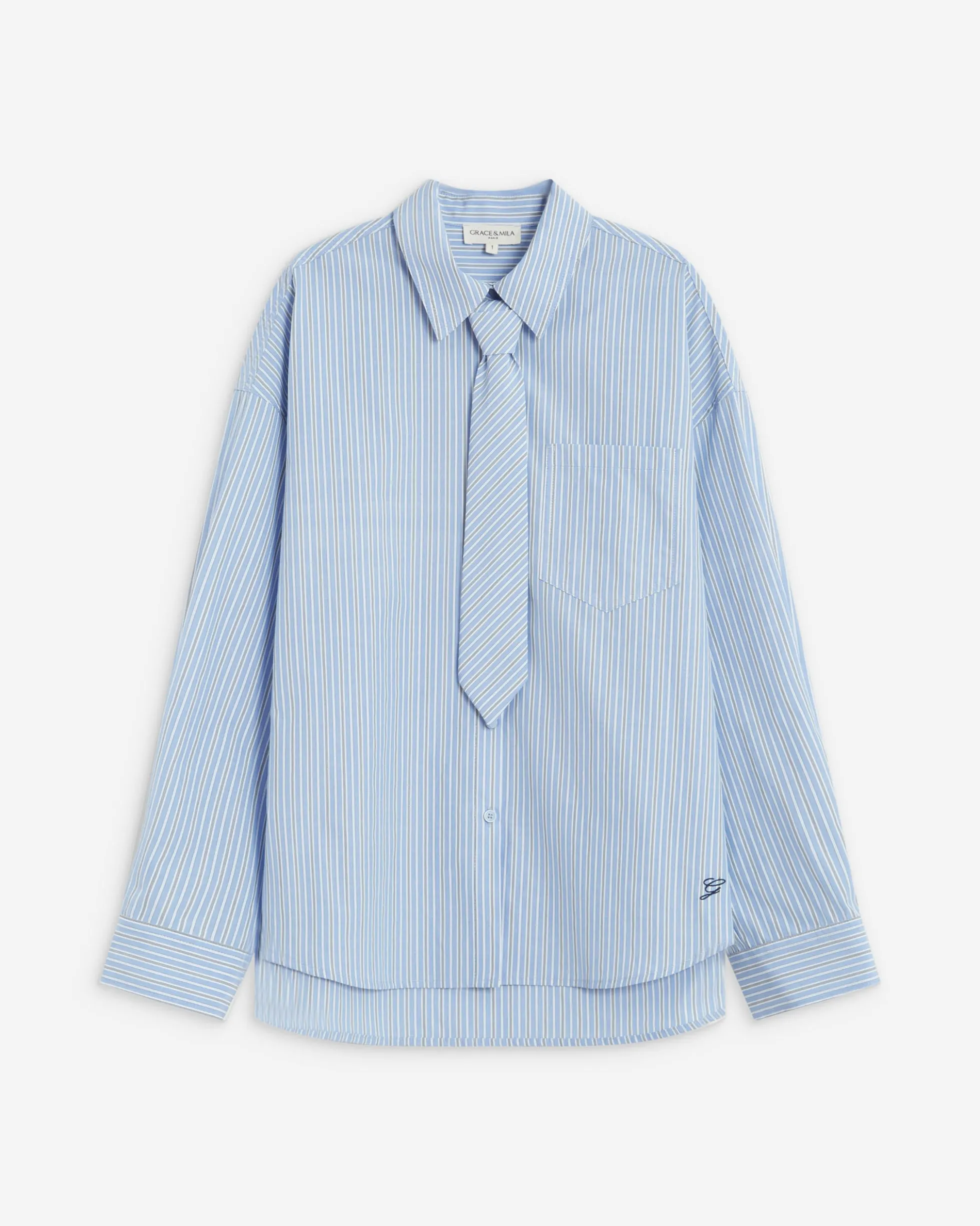 Chemise rayée oversize à cravate amovible ciel Athena