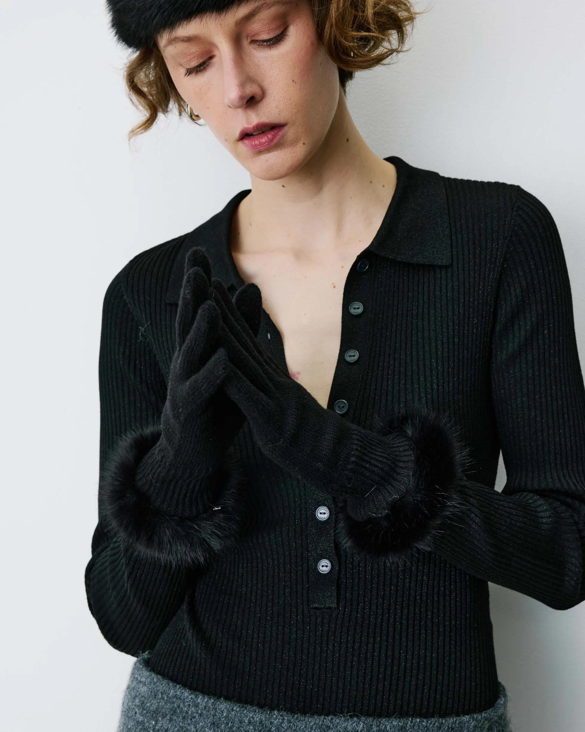Gants en maille poignets fausse fourrure noir Brixton