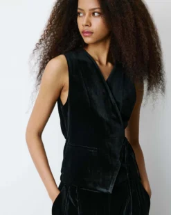 Gilet tailleur velours sans manches à nouer noir Benny