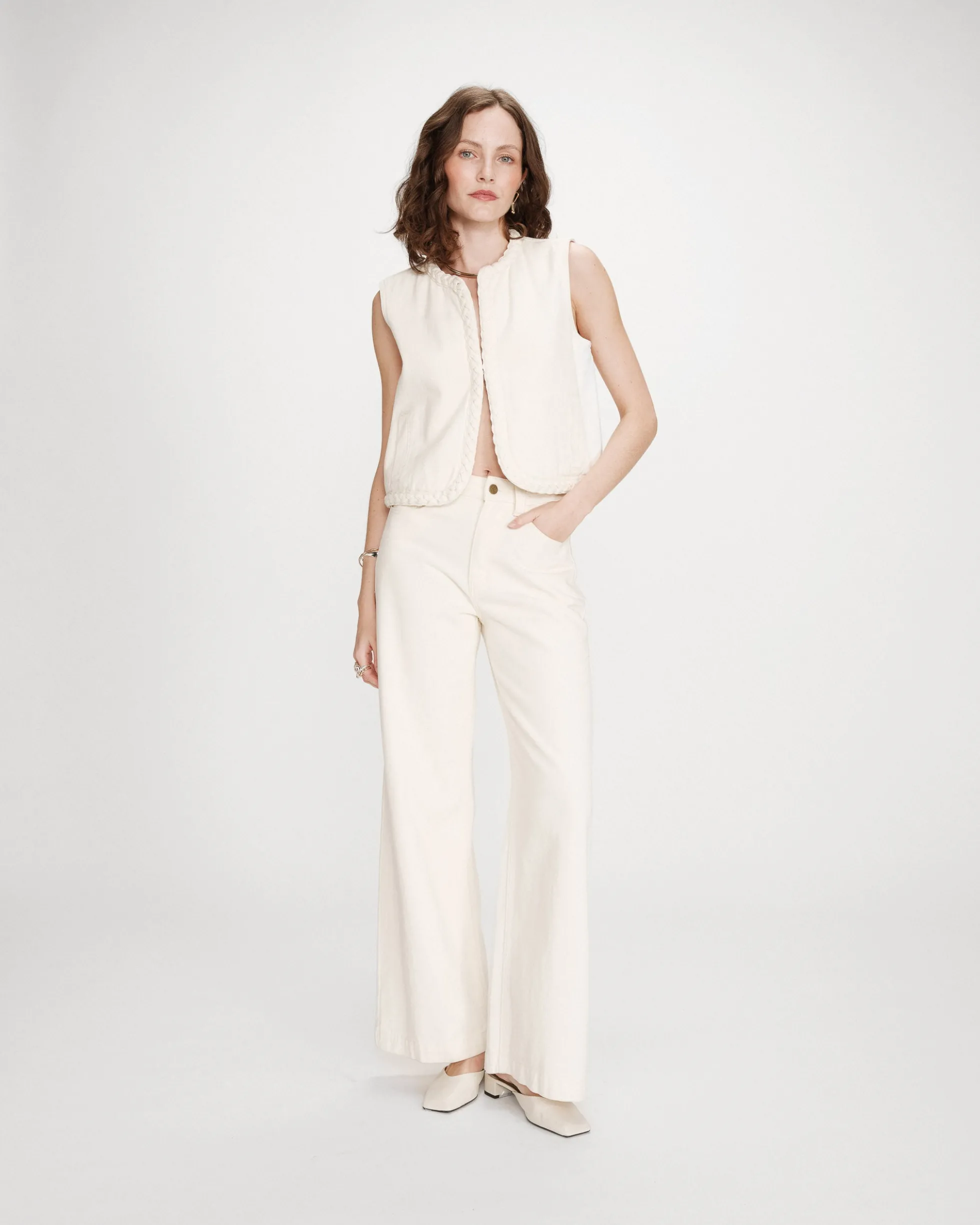 Jean large taille haute ceinture tressée ecru Jaden
