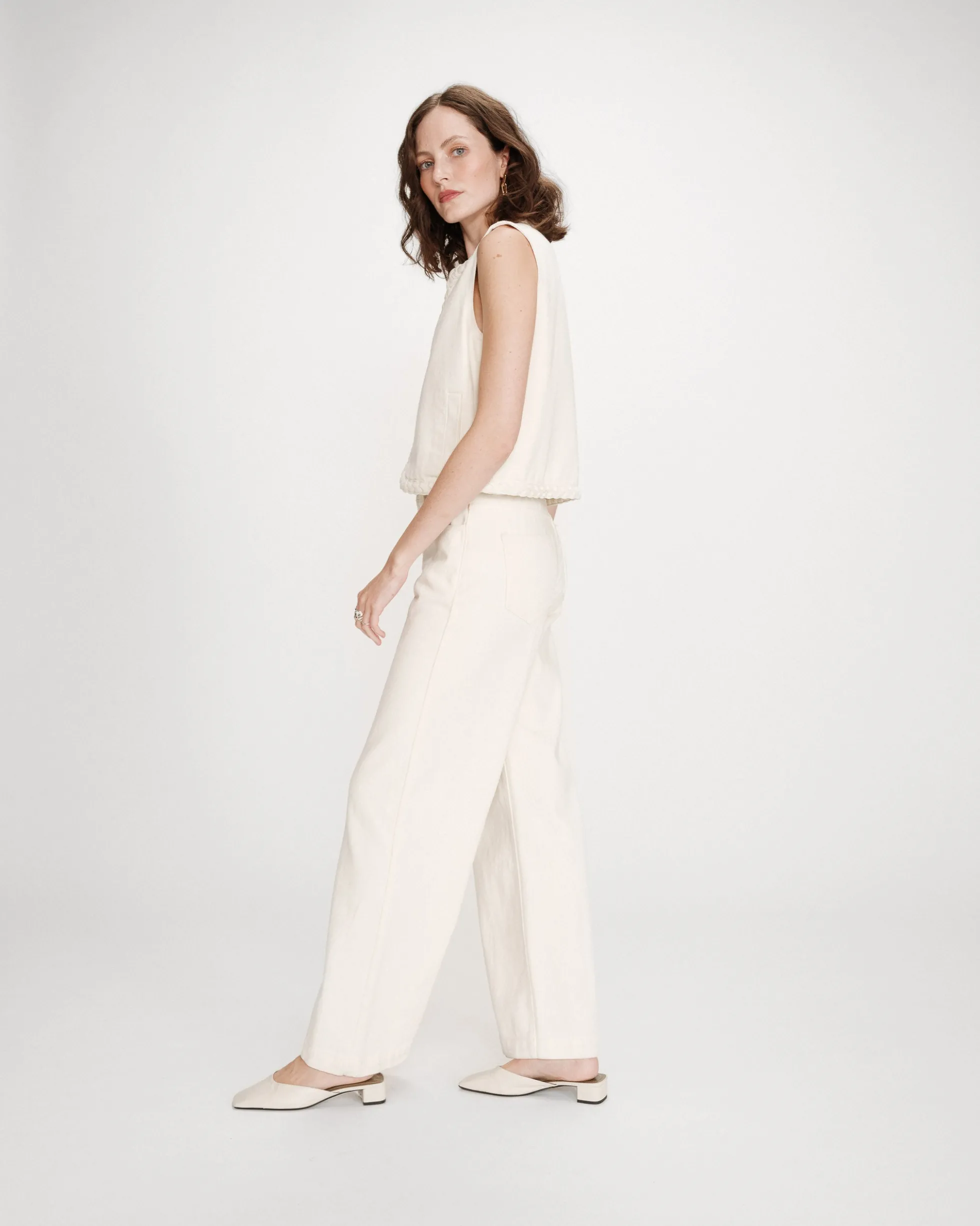Jean large taille haute ceinture tressée ecru Jaden