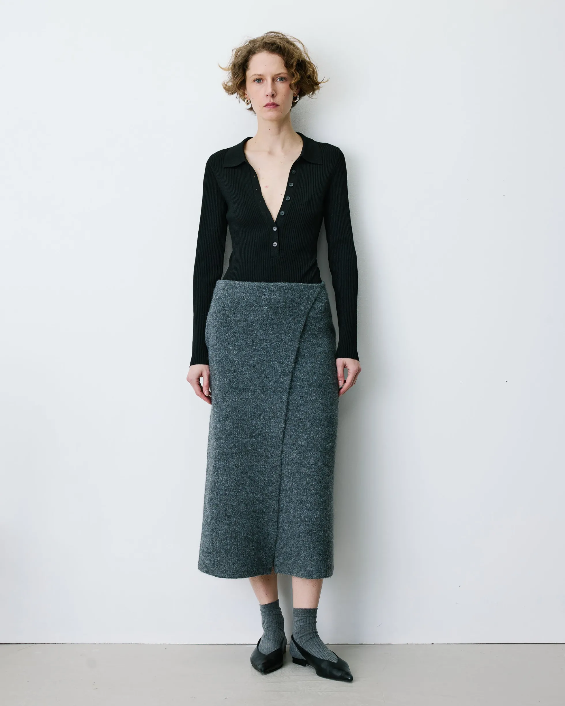 Jupe longue portefeuille en maille anthracite Biana