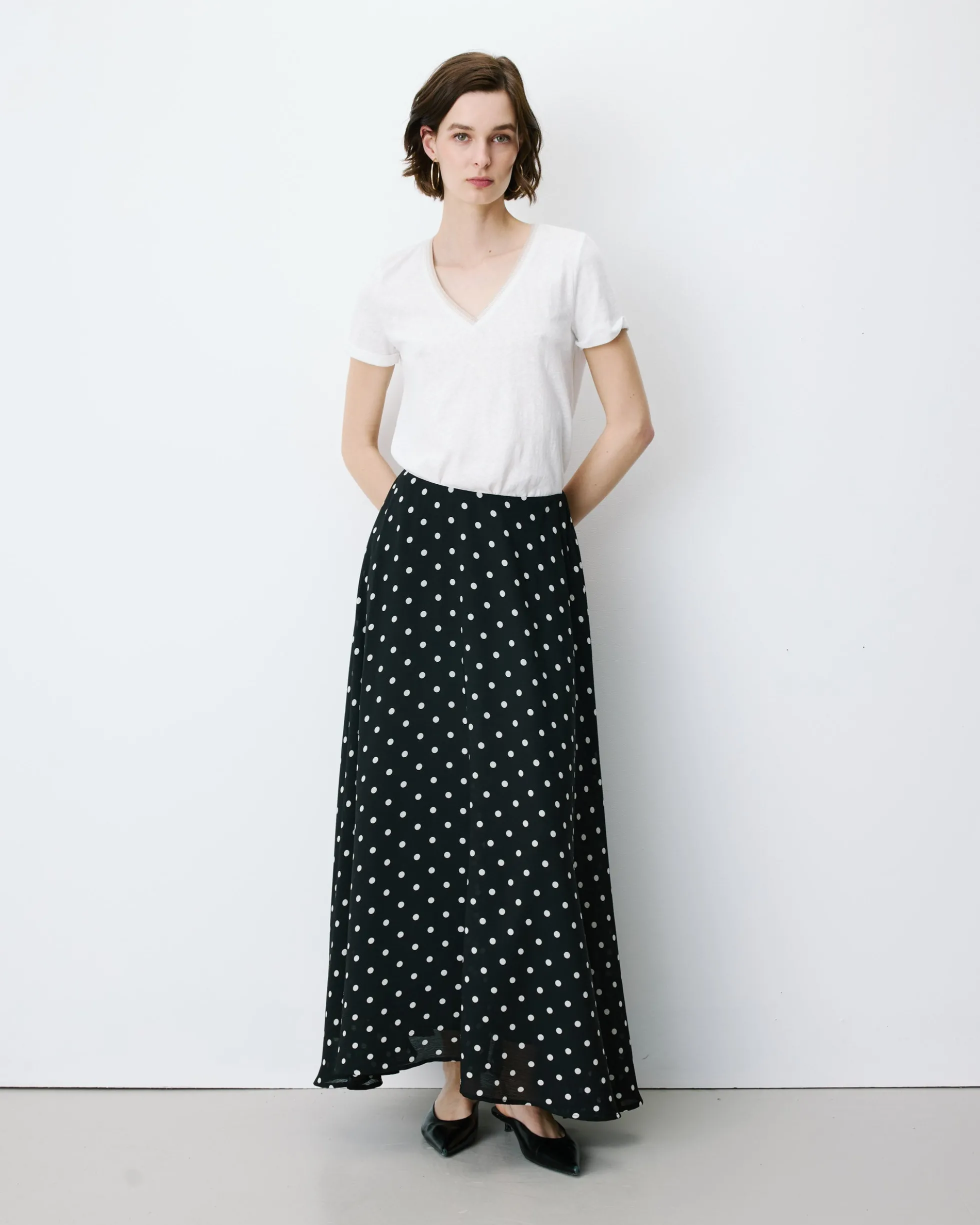 Jupe longue trapèze taille haute pois Analia
