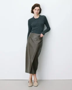 Jupe midi portefeuille similicuir kaki Aenor