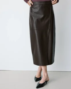 Jupe midi portefeuille similicuir chocolat Aenor