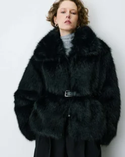 Manteau en fausse fourrure col large noir Billie