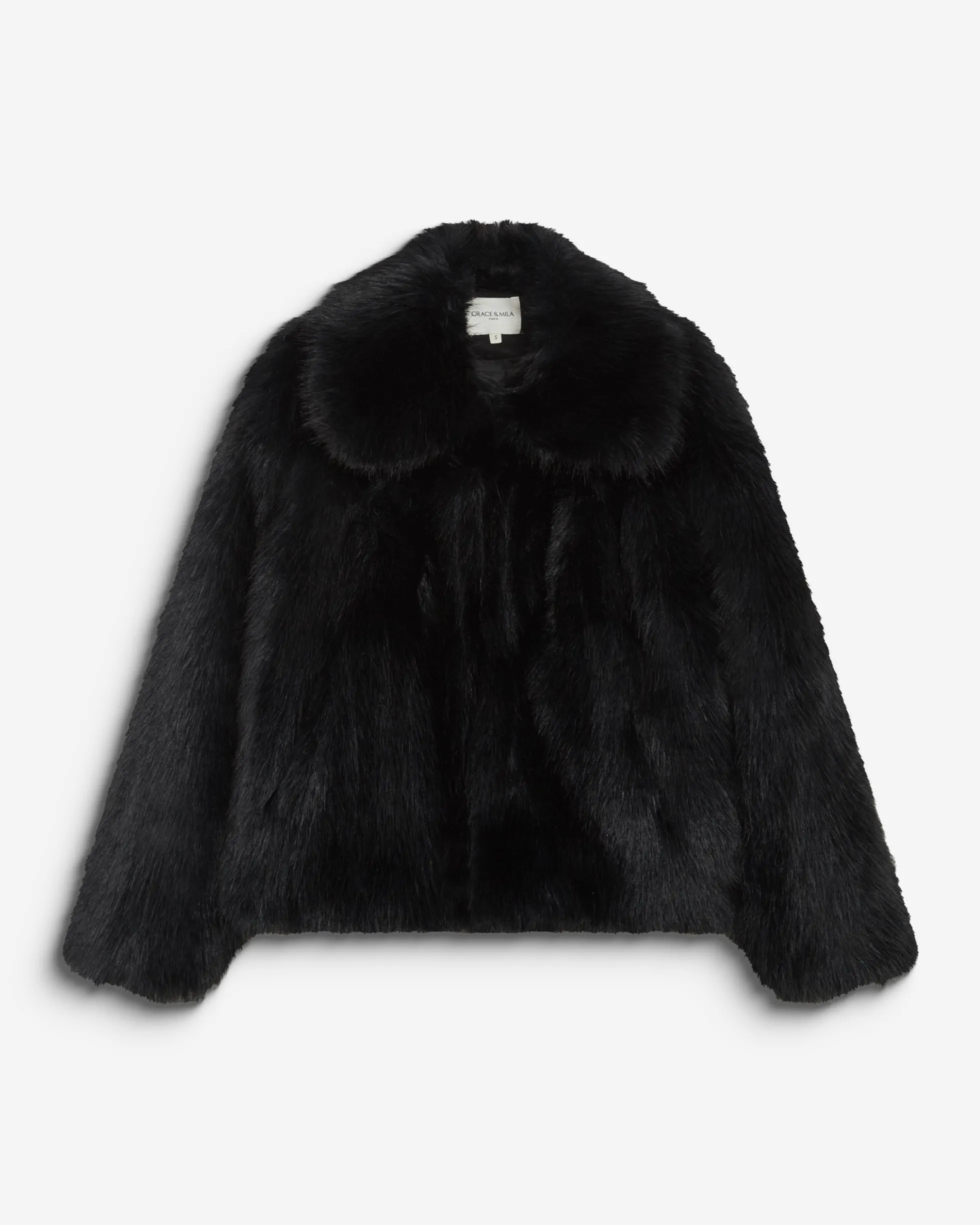 Manteau en fausse fourrure col large noir Billie