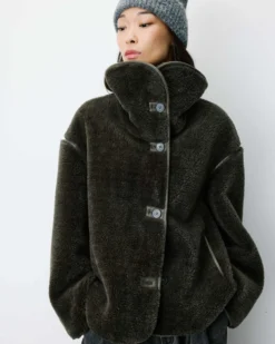 Manteau en fausse fourrure oversize boutonné kaki Amelio
