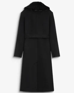 Manteau long croisé col en fausse fourrure noir Beryl