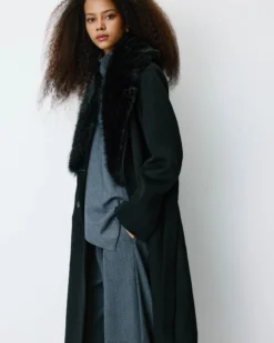 Manteau long croisé col en fausse fourrure noir Beryl