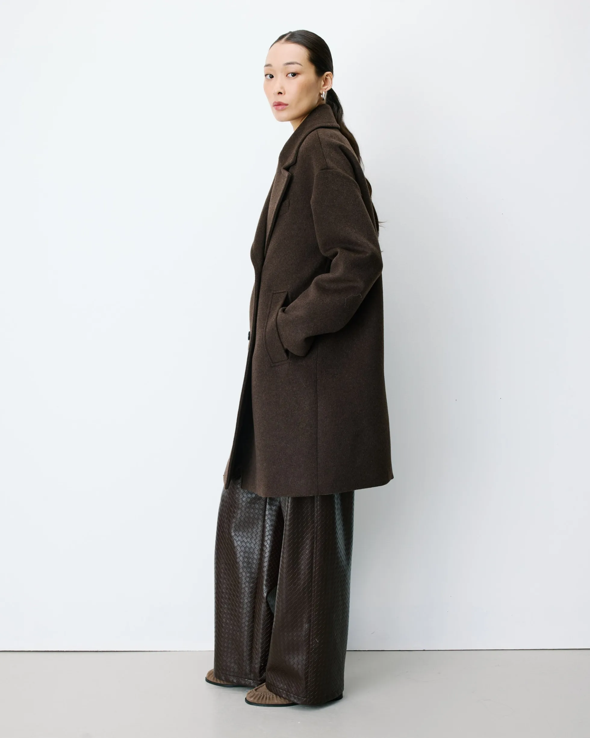 Manteau long croisé en laine mélangée chocolat Alois