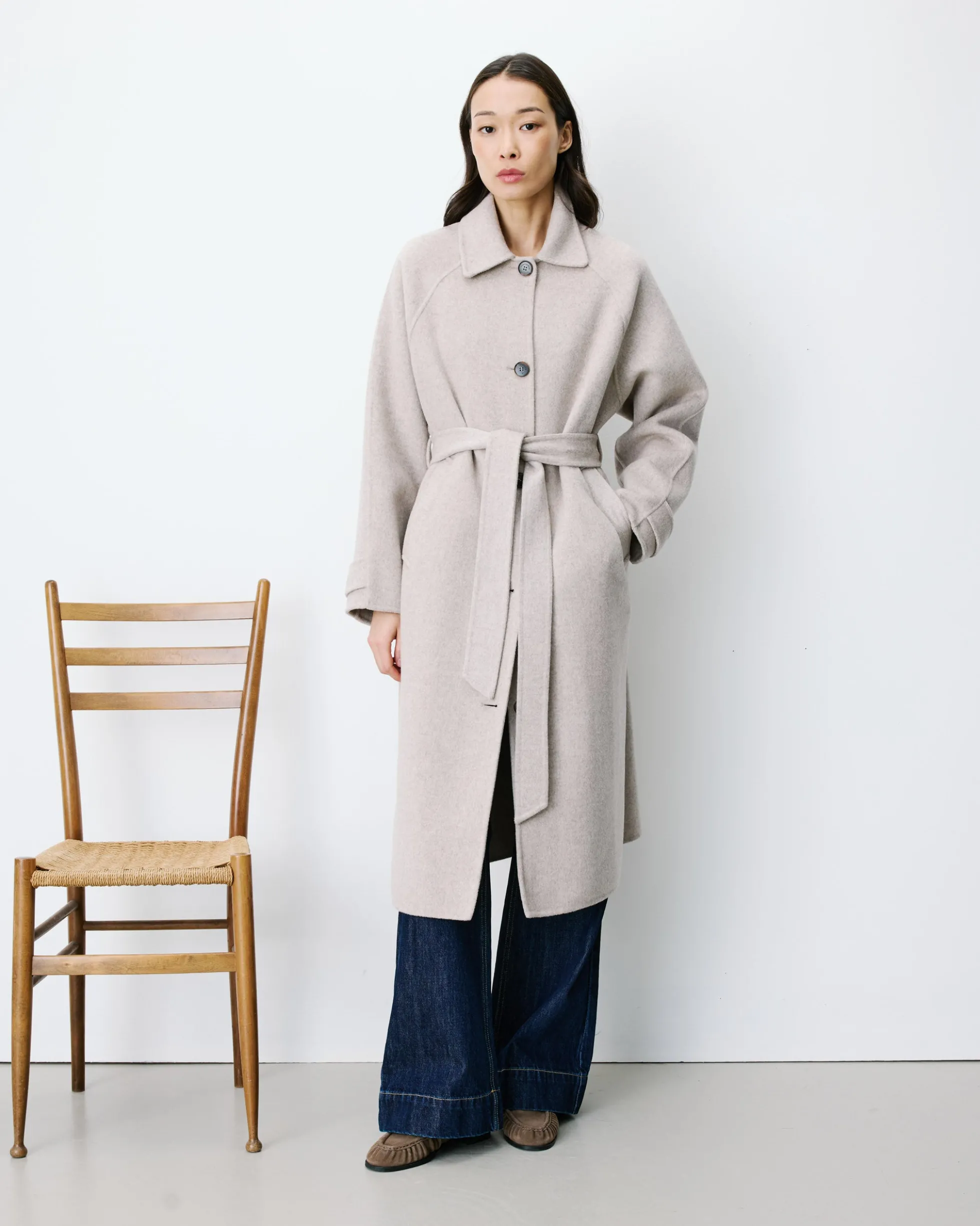 Manteau long en laine mélangée ceinturé sable Adam