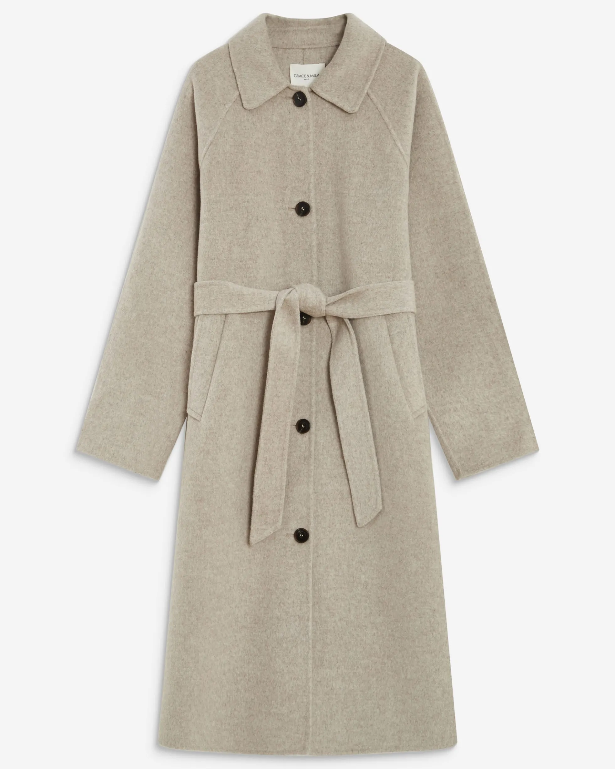 Manteau long en laine mélangée ceinturé sable Adam