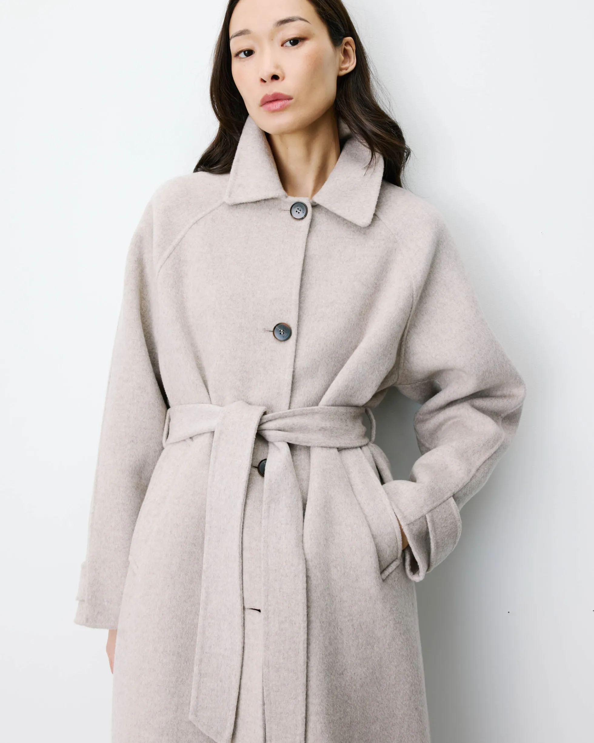 Manteau long en laine mélangée ceinturé sable Adam