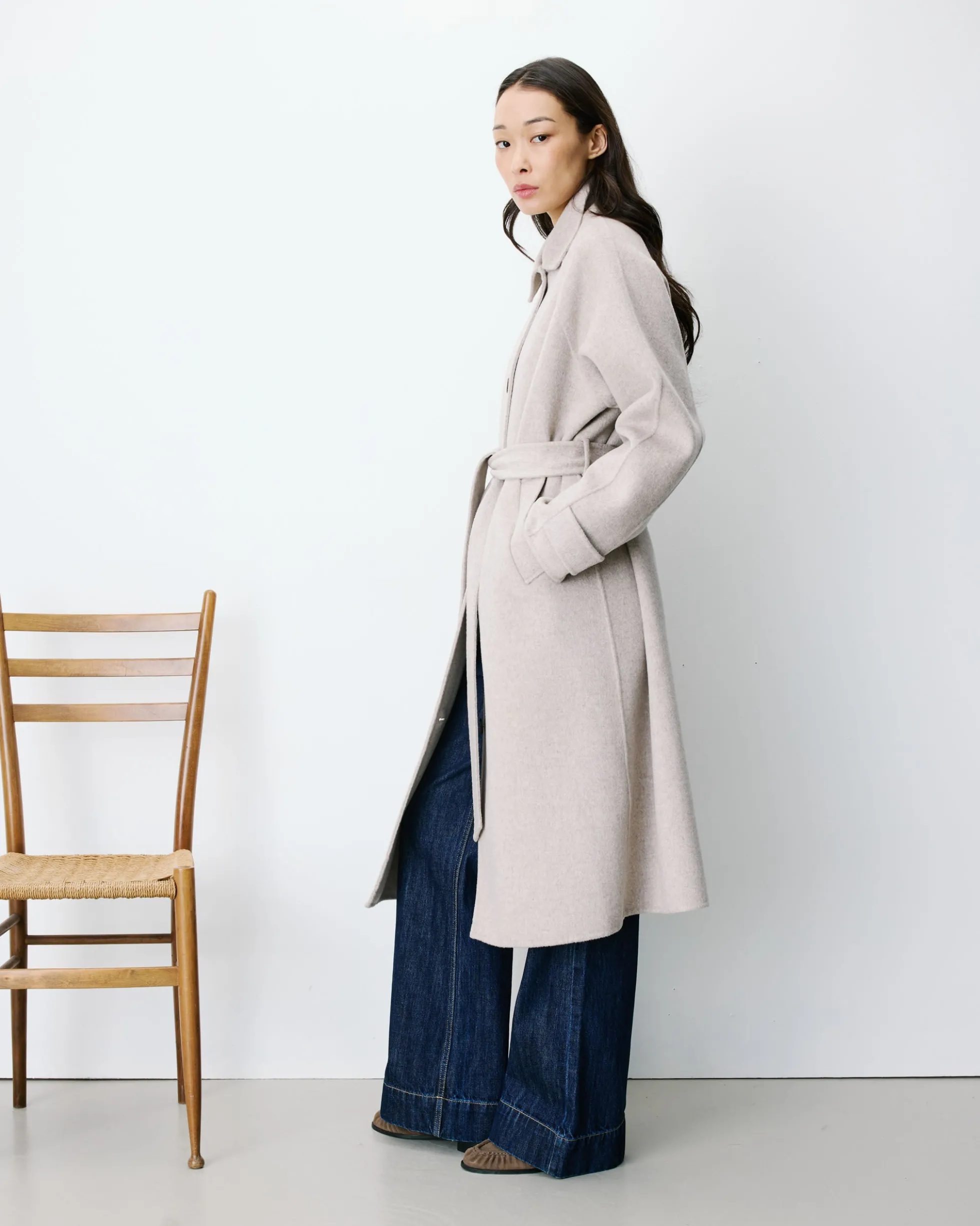 Manteau long en laine mélangée ceinturé sable Adam
