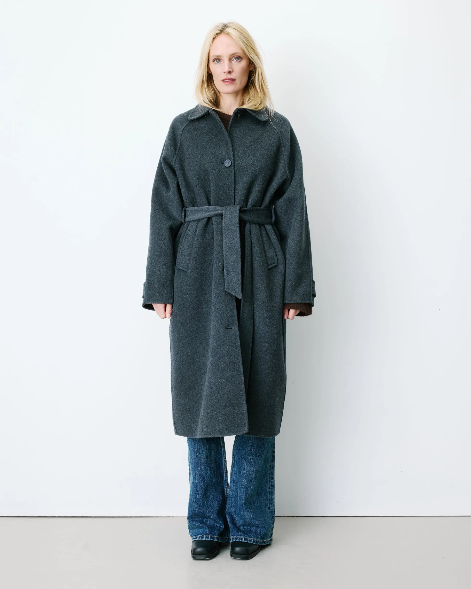 Manteau long en laine mélangée ceinturé anthracite Adam