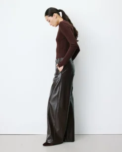 Pantalon barrel similicuir texturé chocolat Artius