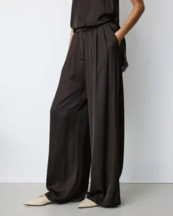 Pantalon en satin fluide à pinces chocolat Barnabe
