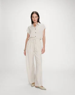 Pantalon large en lin taille haute sable Raven