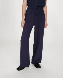 Pantalon large en lin taille haute marine Raven