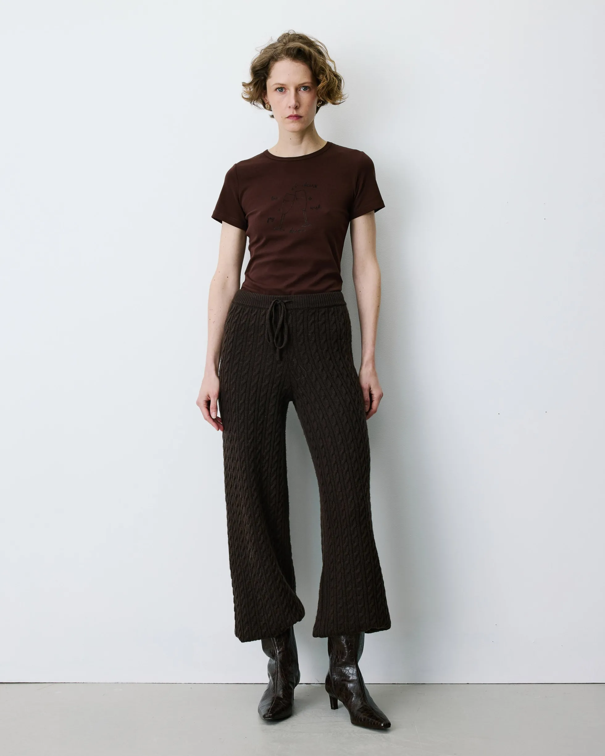 Pantalon large en maille texturée chocolat Bilo