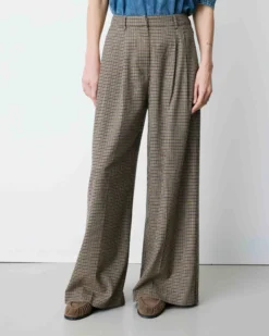 Pantalon tailleur ample pied-de-poule beige Ayen
