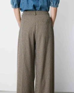 Pantalon tailleur ample pied-de-poule beige Ayen