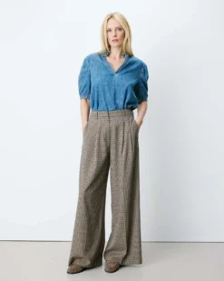 Pantalon tailleur ample pied-de-poule beige Ayen