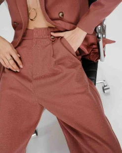 Pantalon tailleur droit taille mi-haute à plis terracotta Pierre