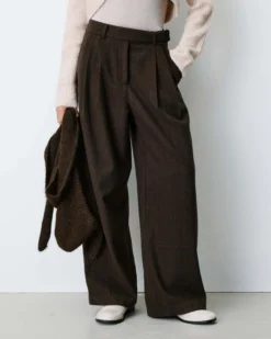 Pantalon tailleur large motif chevrons chocolat Bastien