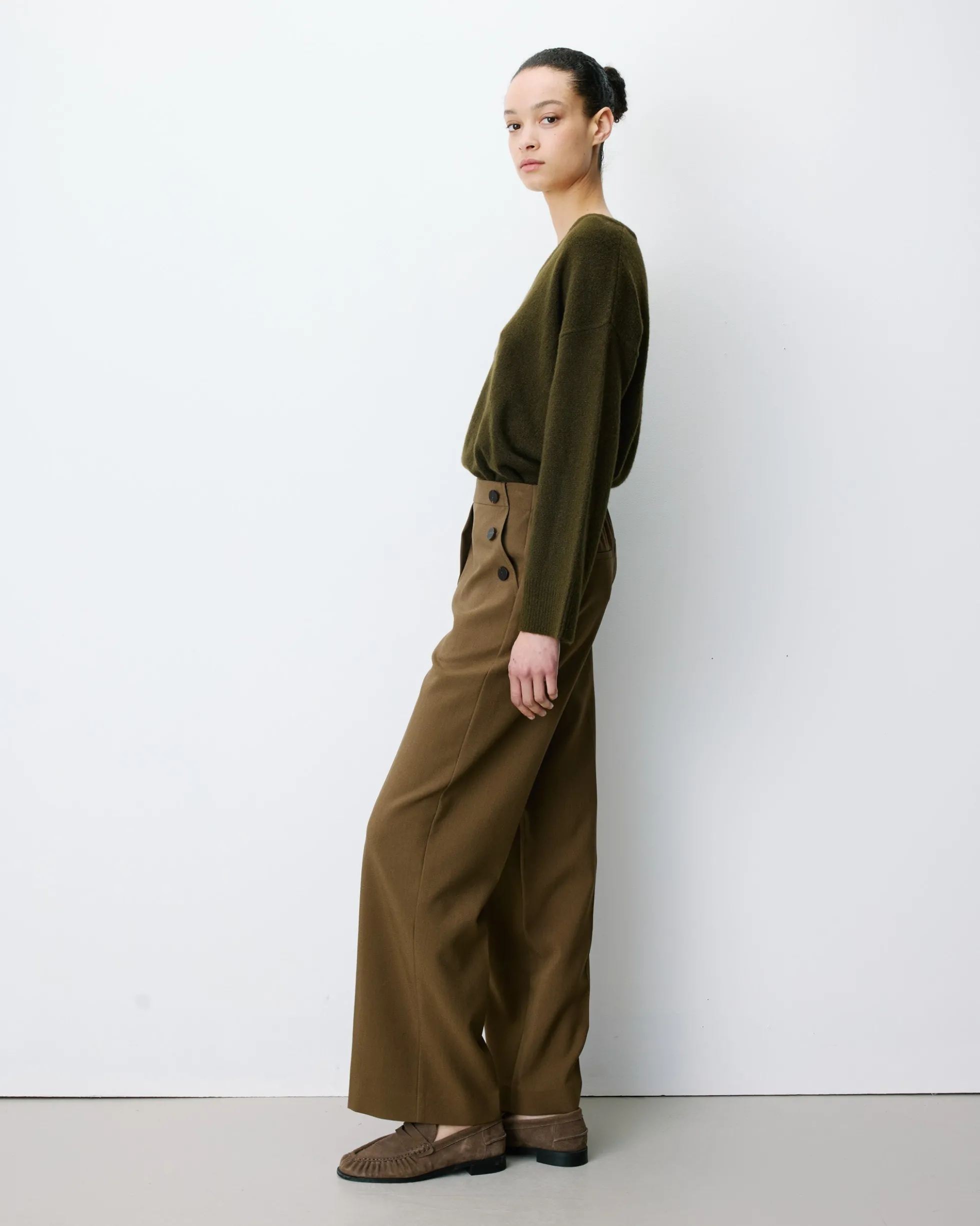 Pantalon tailleur large taille haute kaki Alexander