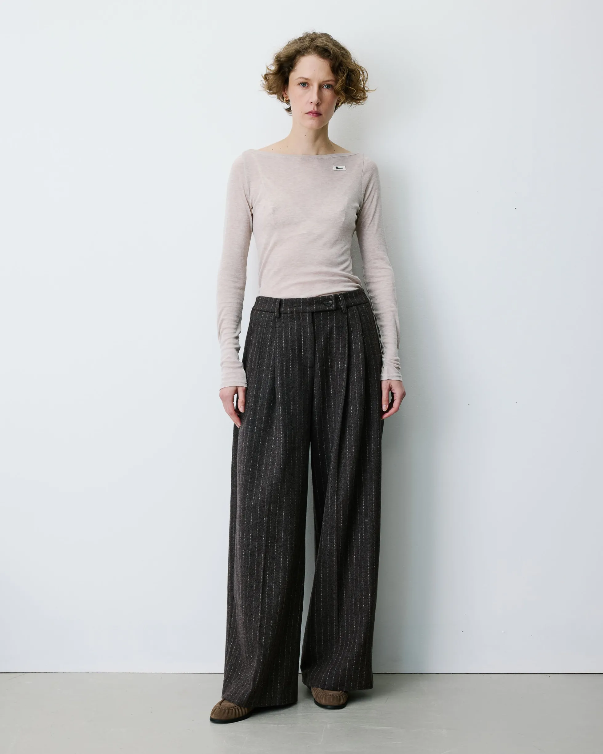 Pantalon tailleur rayé en laine mélangée chocolat Baldwin
