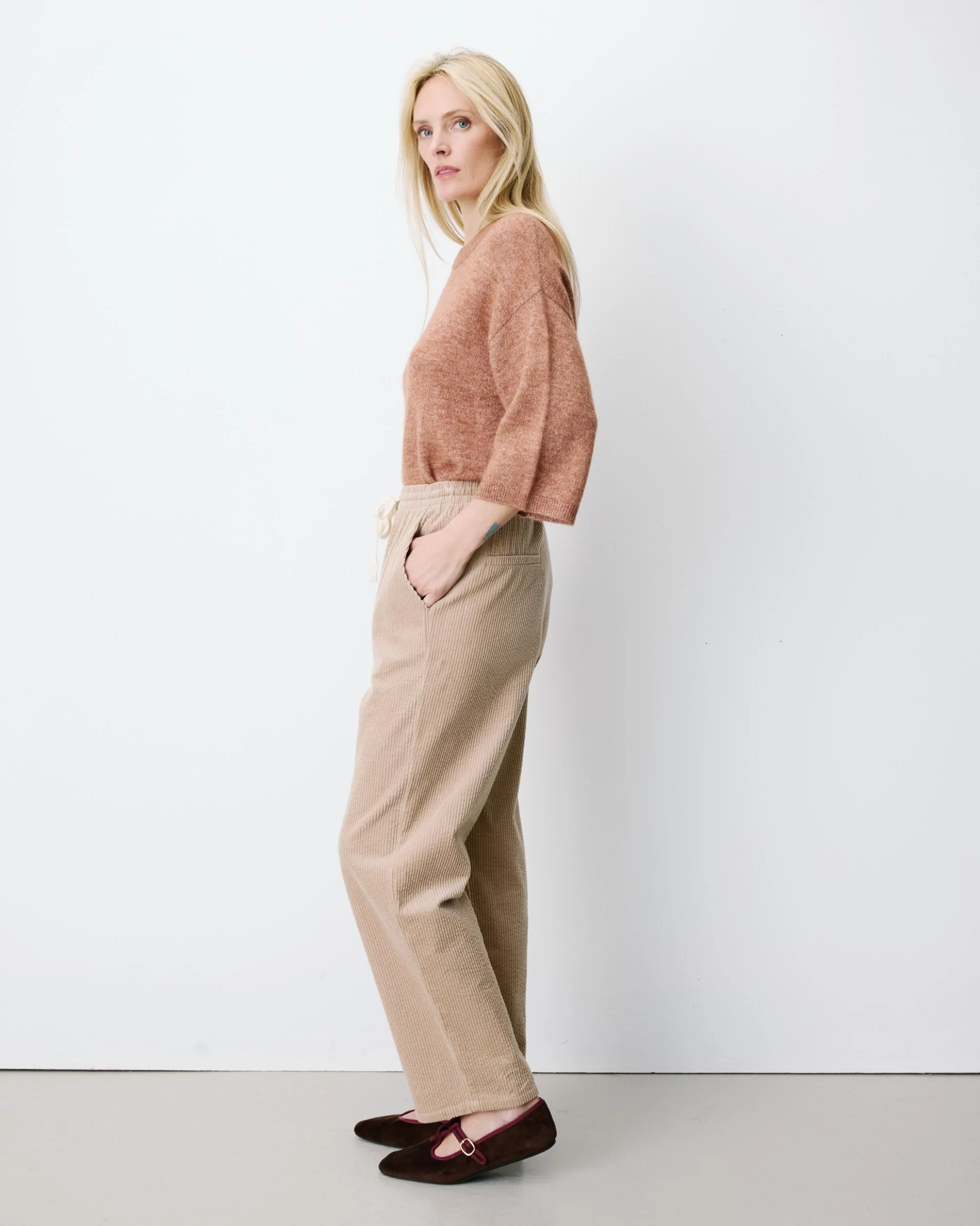 Pantalon velours côtelé taille ajustable beige Liberty