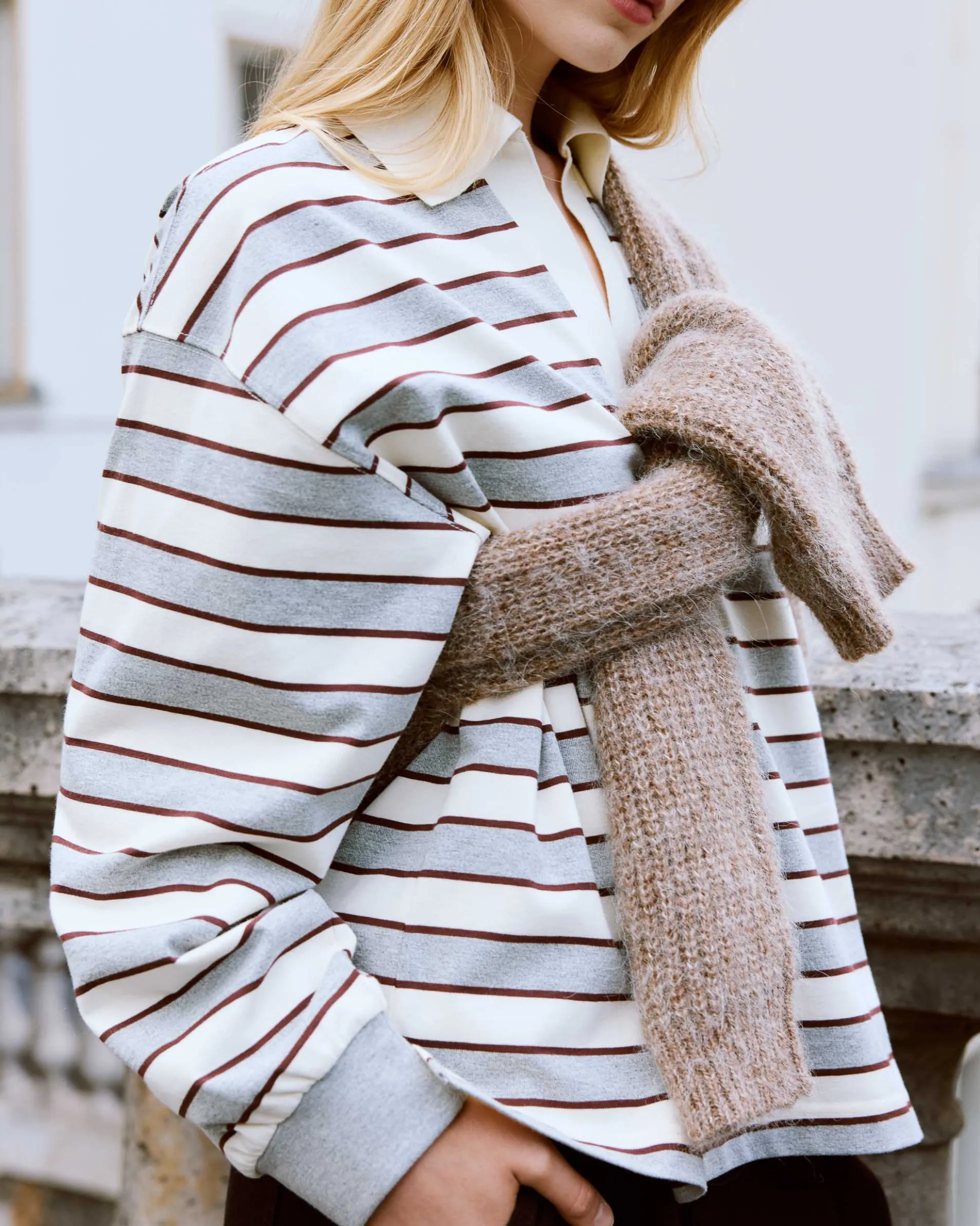 Polo rayé oversize col ouvert gris Aron