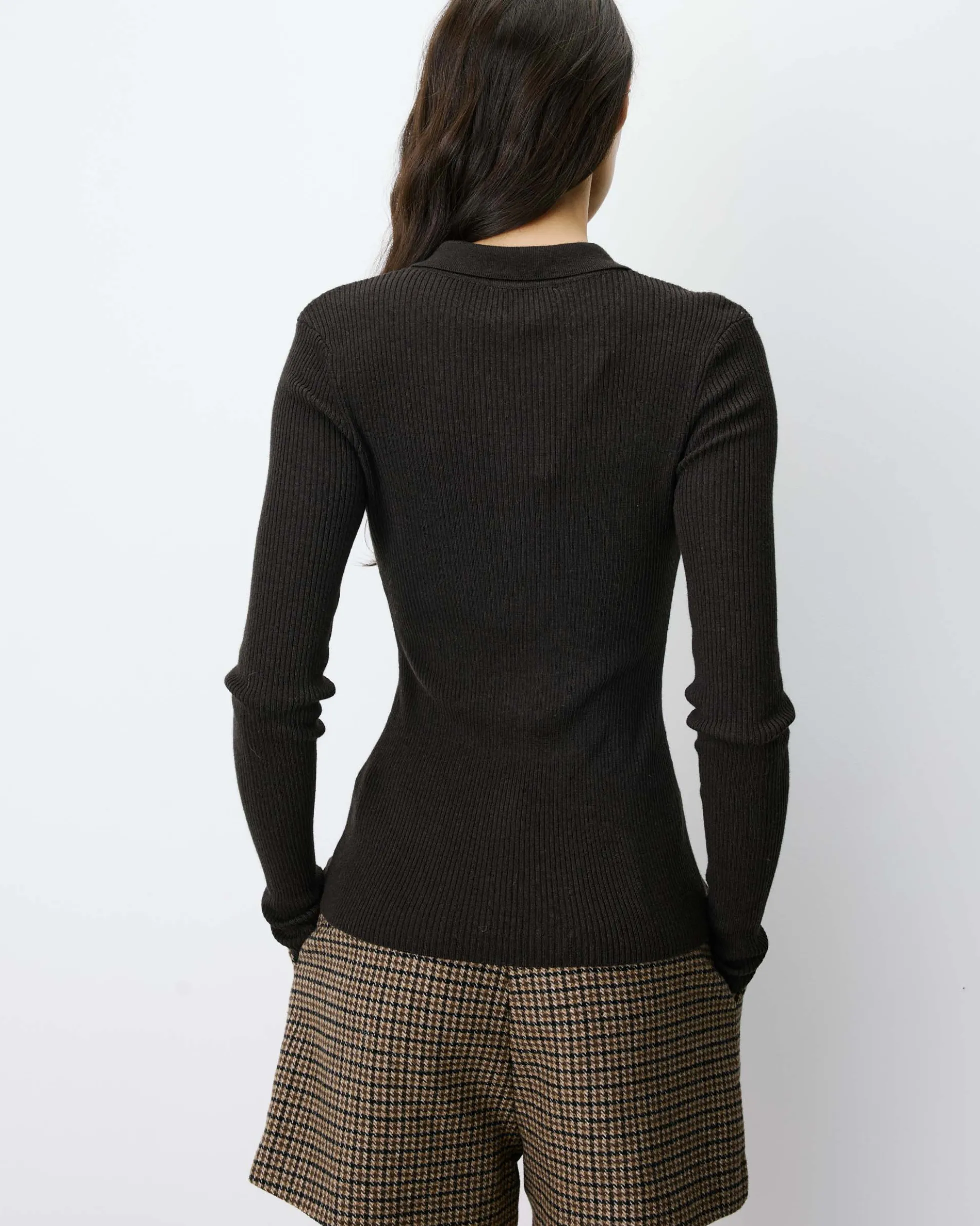 Pull ajusté col polo en maille côtelée chocolat Angelo