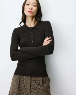 Pull ajusté col polo en maille côtelée chocolat Angelo