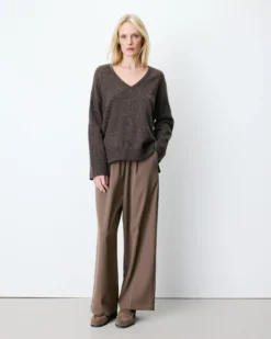 Pull ample col V en maille lurex chocolat Salvador