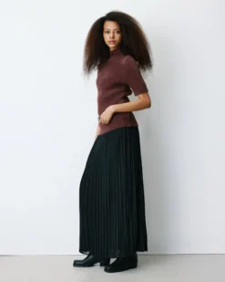 Pull doux manches courtes col cheminée chocolat Birdie