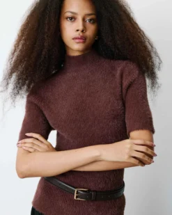 Pull doux manches courtes col cheminée chocolat Birdie