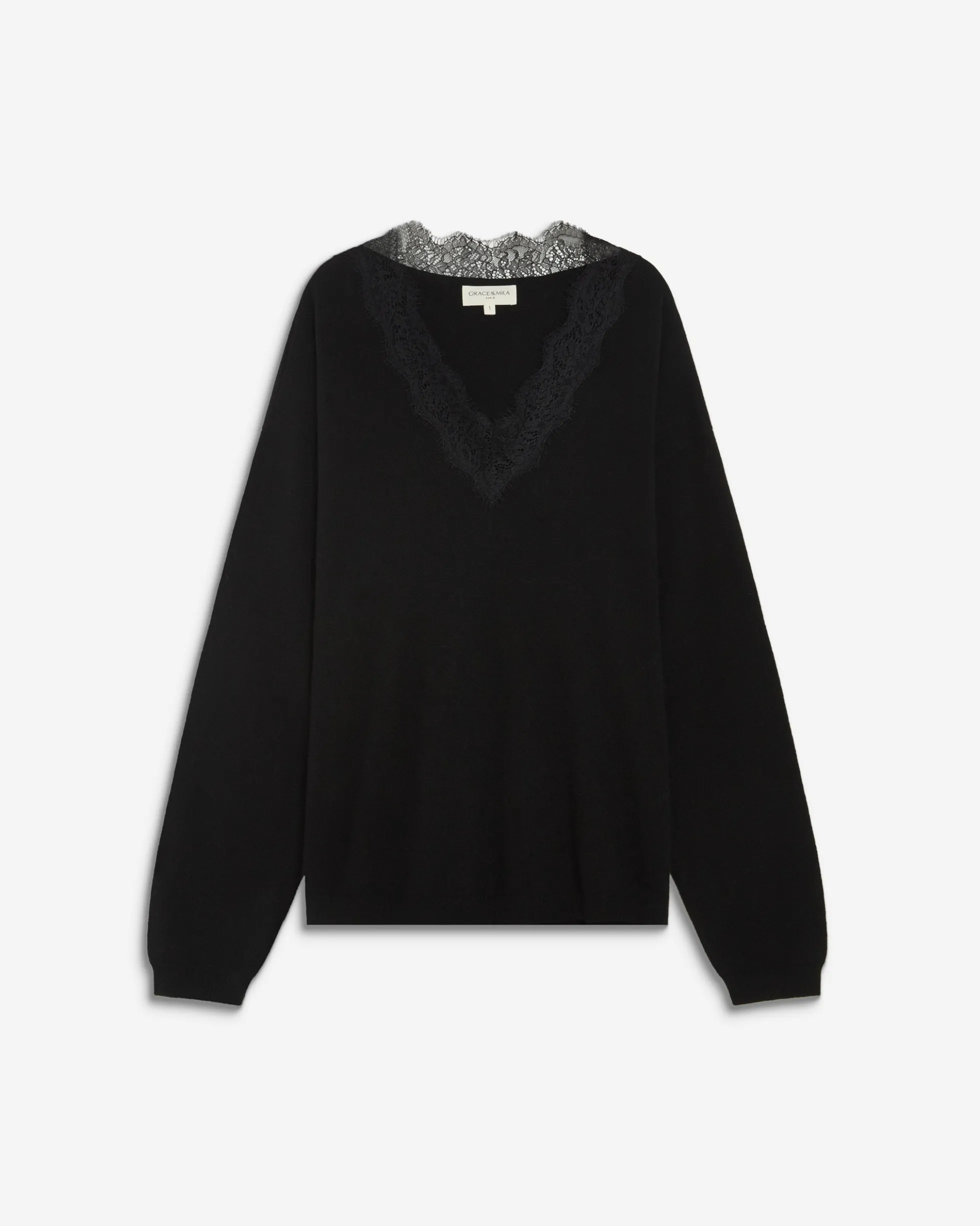 Pull en maille à col V en dentelle noir Augustin