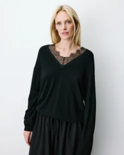 Pull en maille à col V en dentelle noir Augustin