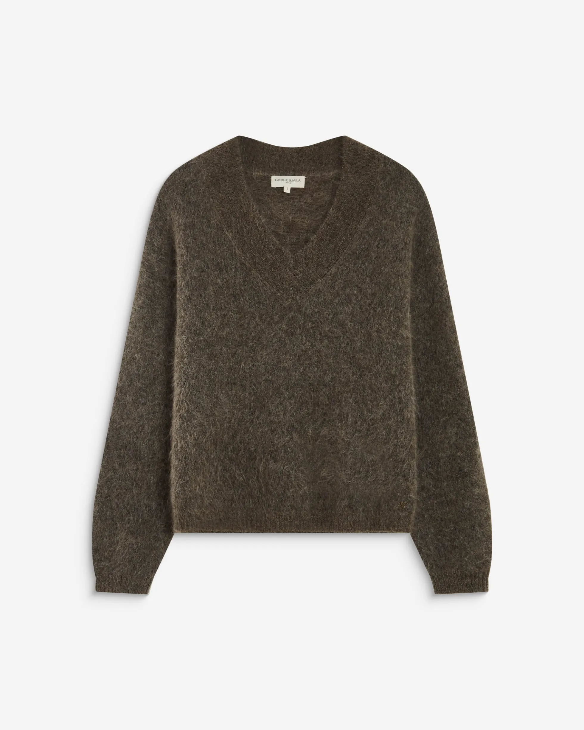 Pull large doux en mohair mélangé col V taupe Adorable