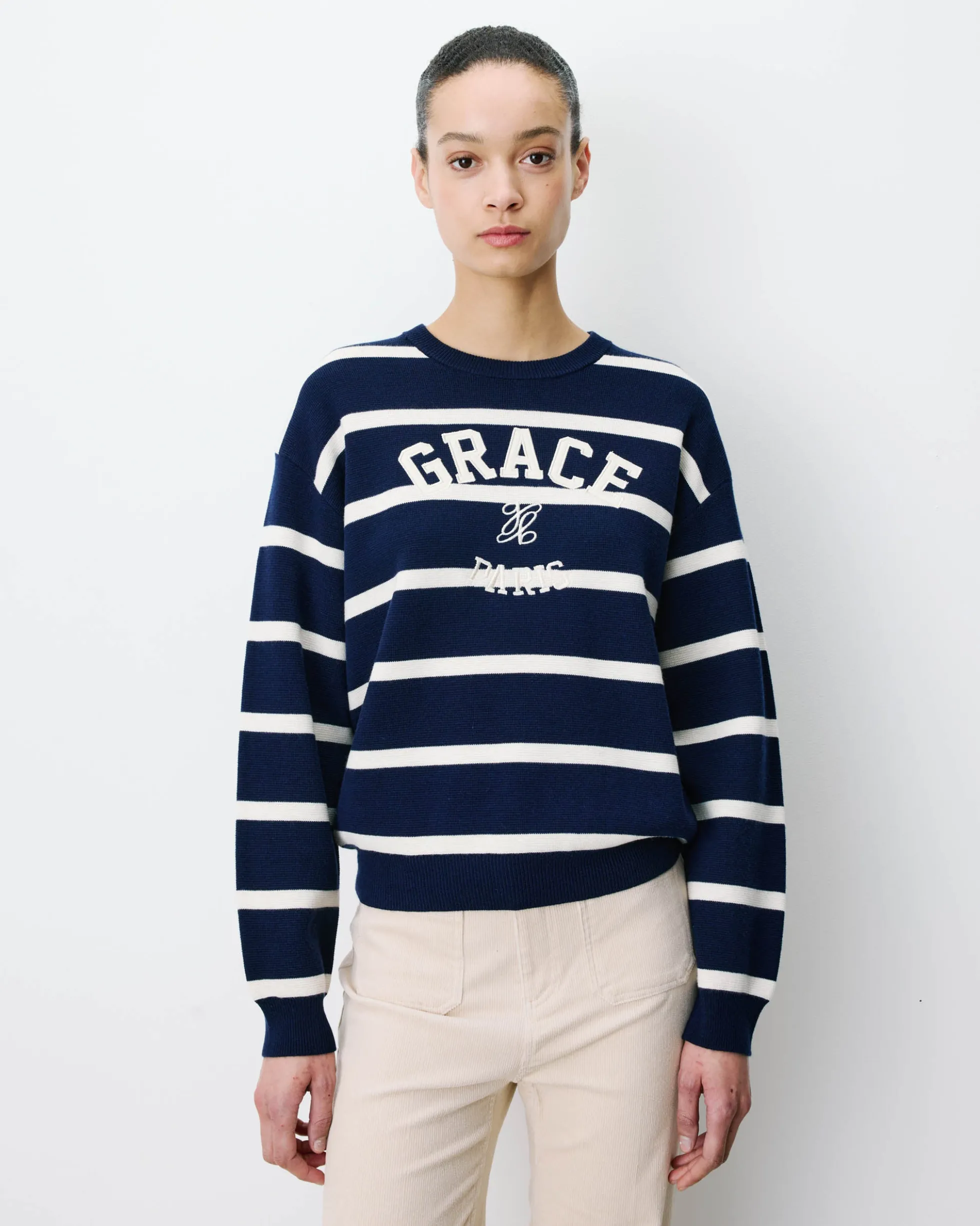 Pull à logo universitaire brodé marine Ashford